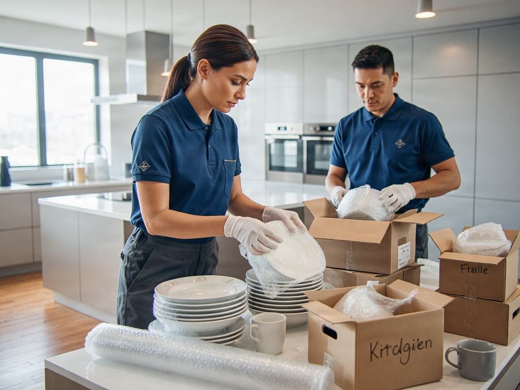 Home packing service Abu Dhabi kitchen items being packed by professionals